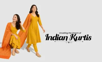 Two women modeling vibrant mustard yellow anarkali-style kurtis with orange patterned dupattas and matching trousers, showcasing the elegance of traditional Indian ethnic wear.