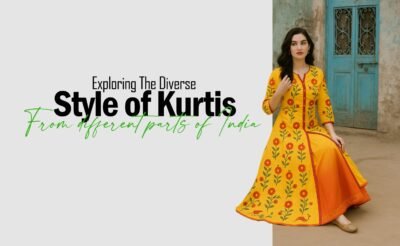 A woman sitting in front of a rustic blue door wearing a vibrant yellow floral print anarkali kurti with orange accents; text overlay reads "Exploring The Diverse Style of Kurtis From different parts of India.