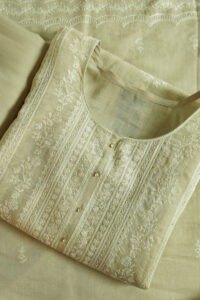 Ecru Bloom light brown semi-stitched kurti with subtle embroidery on beige fabric