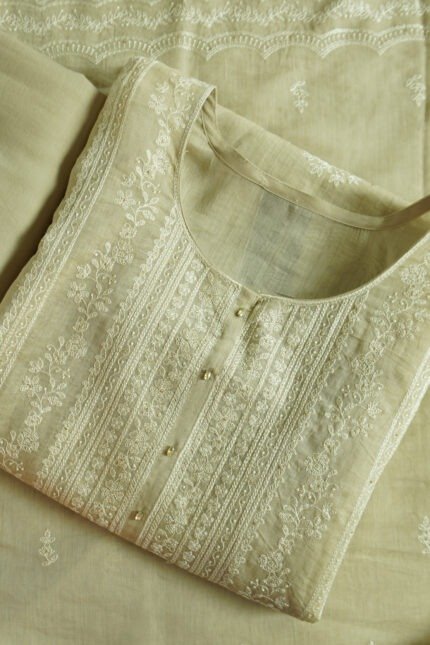 Ecru Bloom light brown semi-stitched kurti with subtle embroidery on beige fabric