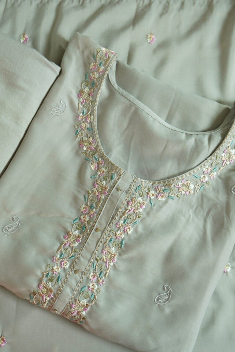 Celestial Vine Grey semi-stitched kurti with elegant embroidery on grey base