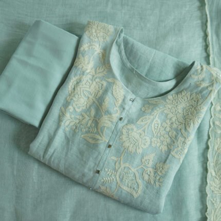 Semi-stitched kurti with delicate embroidery featuring floral motifs, suitable for festivals, traditional celebrations, and casual ethnic wear for women.