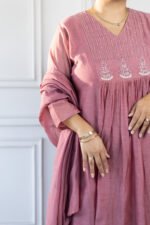 Side view of embroidery details on Aarza Kurti neckline