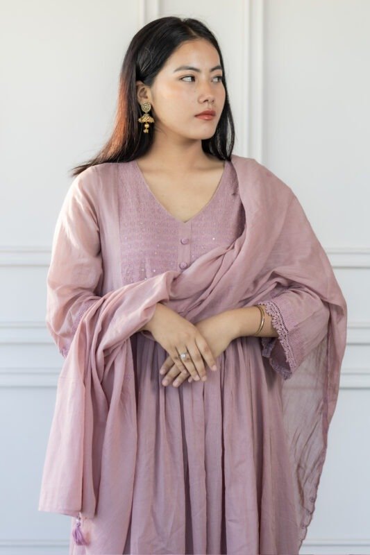 Front view of Mauvika Kurti Set with dupatta and lace detailing