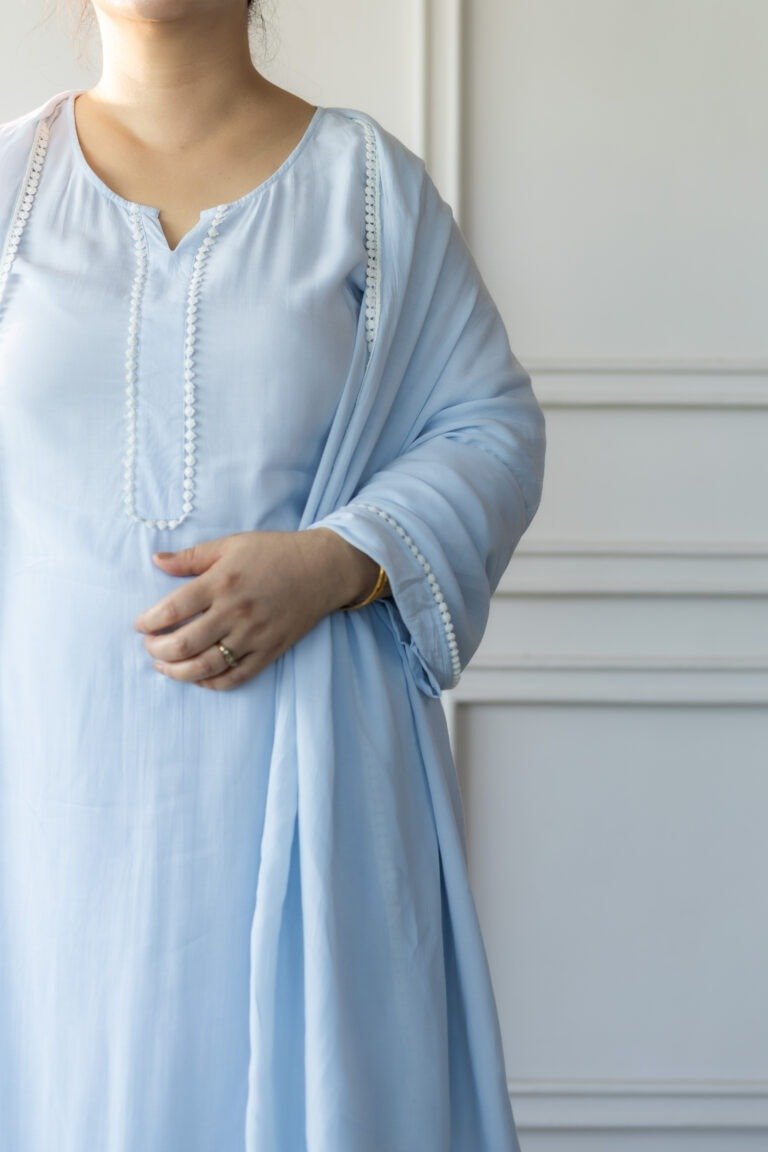 Front view of Vyanika Kurti Set with dupatta and lace detailing