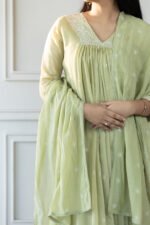 Close-up of fine floral embroidery on embroidered kurti with matching dupatta.