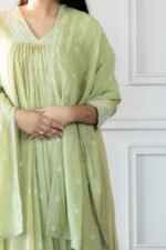 Model showcasing dupatta design with delicate floral embroidery on kurti.