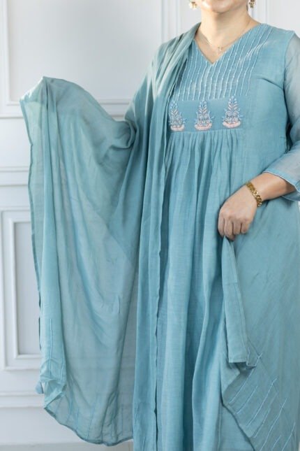 Close-up of V-neckline and pink-white floral embroidery on chest