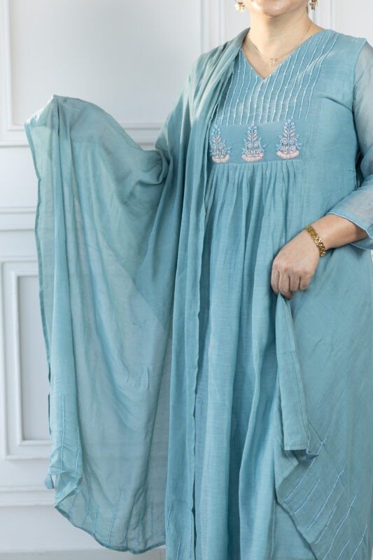 Close-up of V-neckline and pink-white floral embroidery on chest