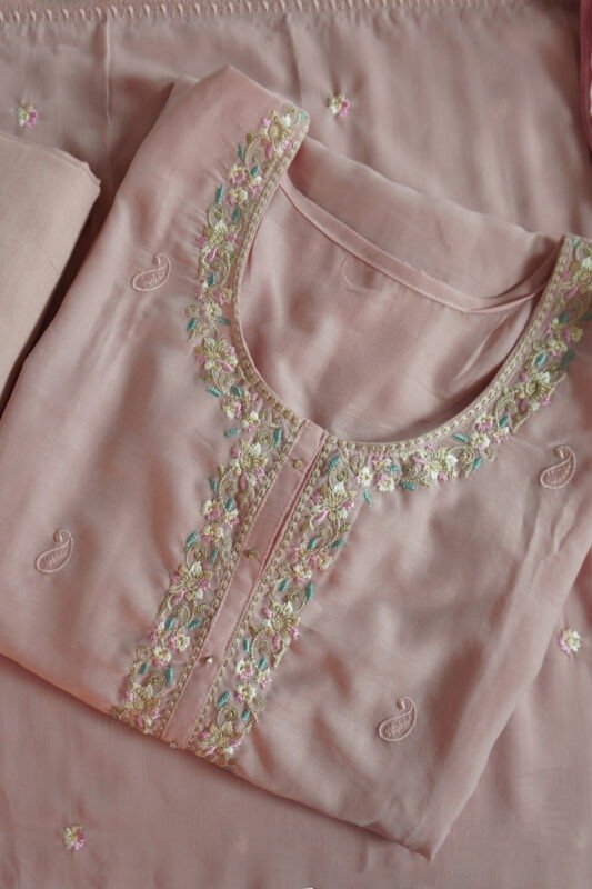 Blush Ornament Pink semi-stitched kurti with delicate embroidery on pastel fabric