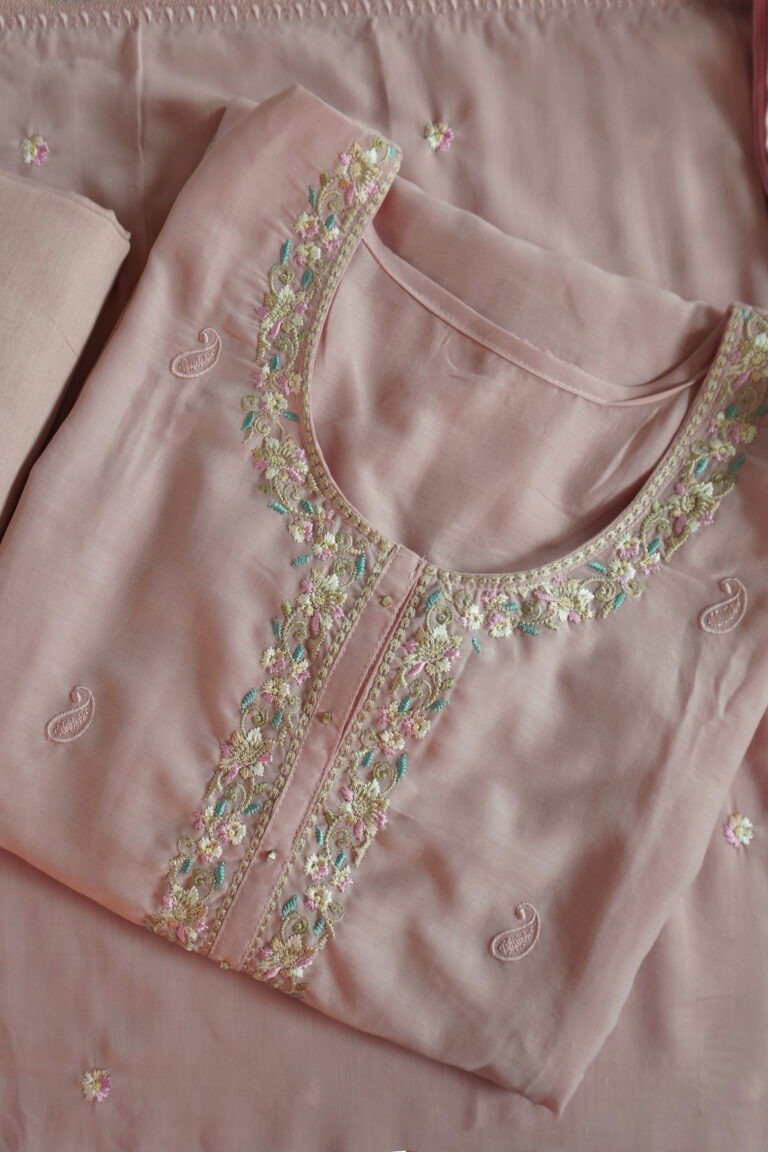 Blush Ornament Pink semi-stitched kurti with delicate embroidery on pastel fabric
