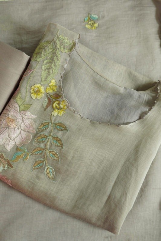 Garden Glow semi-stitched kurti in light purple and pink with floral embroidery