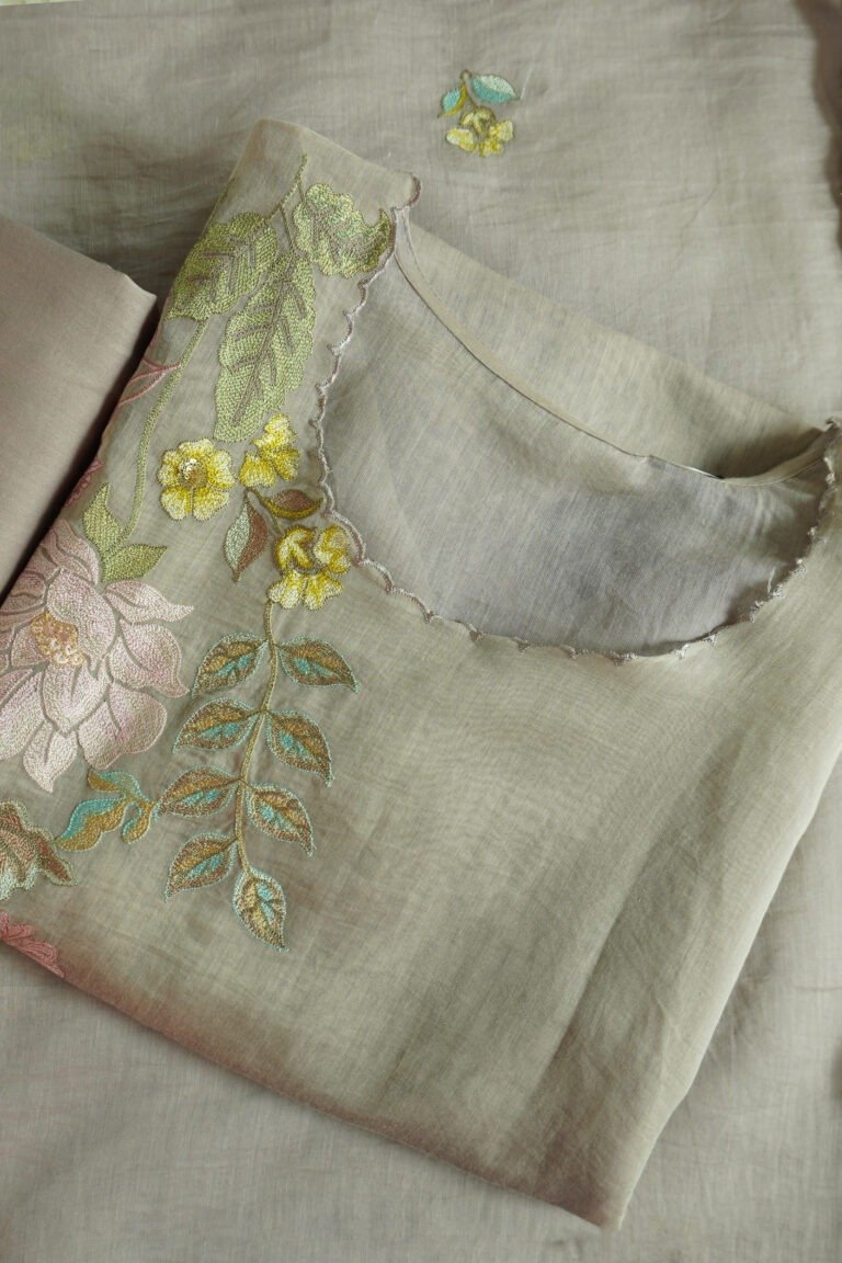 Garden Glow semi-stitched kurti in light purple and pink with floral embroidery