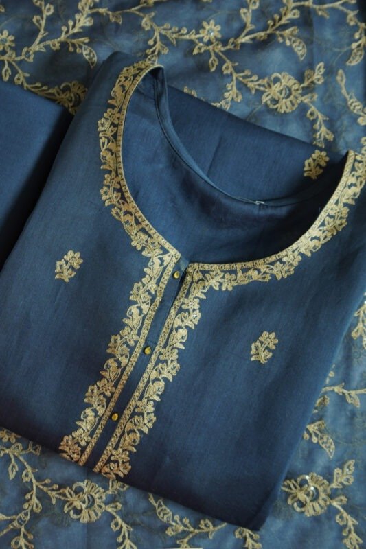 Semi-stitched kurti in royal blue with detailed gold embroidery featuring floral and vine motifs, perfect for festivals, traditional celebrations, and elegant ethnic wear for women.