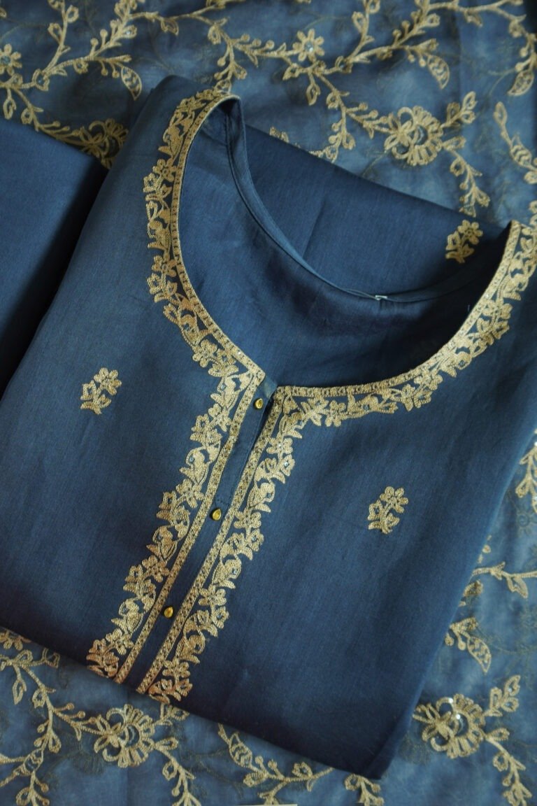 Semi-stitched kurti in royal blue with detailed gold embroidery featuring floral and vine motifs, perfect for festivals, traditional celebrations, and elegant ethnic wear for women.
