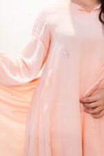 Close-up of embroidery and sleeve detailing on Tehzeeb Taraana peach kurti