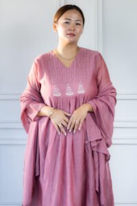 Close-up of embroidery details on Aarza Kurti neckline