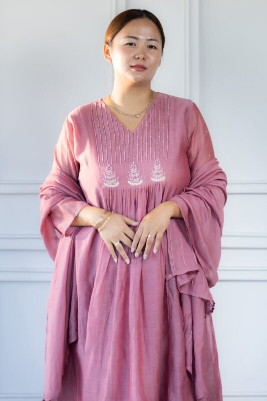 Close-up of embroidery details on Aarza Kurti neckline