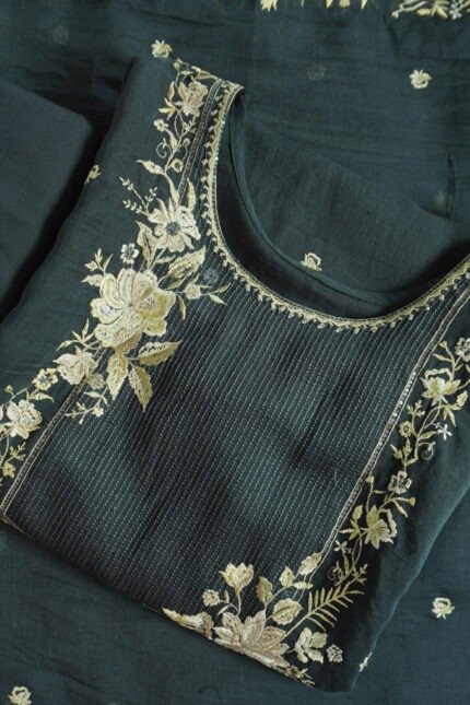 Semi-stitched kurti with gold embroidery and floral motifs, perfect for festivals, weddings, and traditional celebrations. Elegant ethnic wear for women.