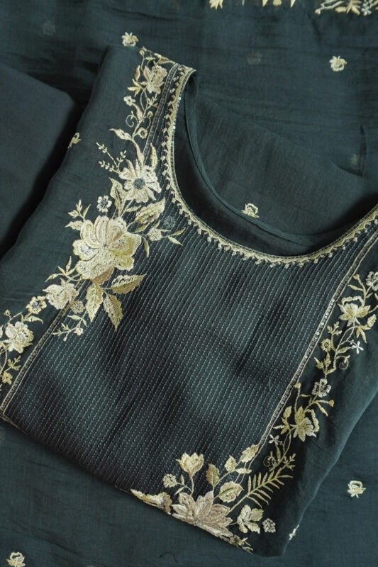 Semi-stitched kurti with gold embroidery and floral motifs, perfect for festivals, weddings, and traditional celebrations. Elegant ethnic wear for women.