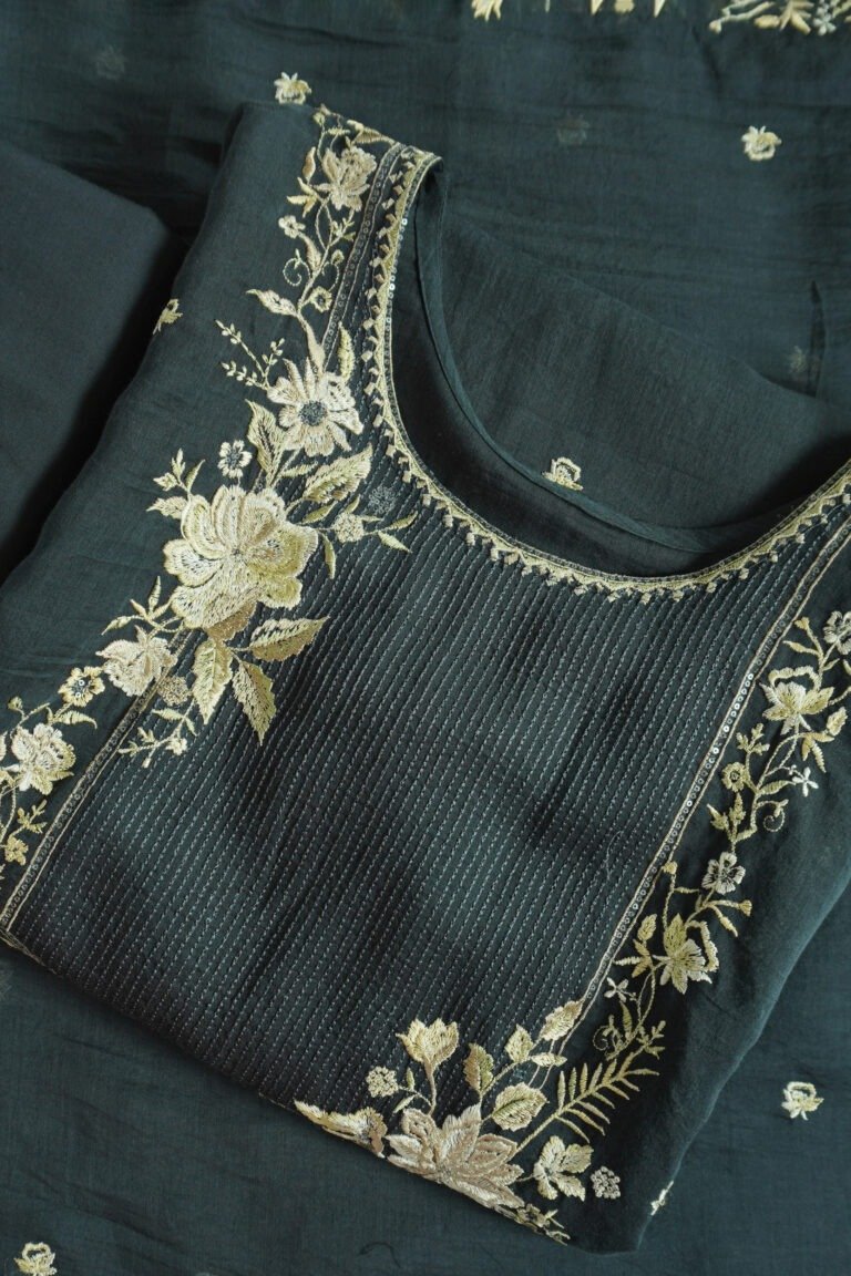 Semi-stitched kurti with gold embroidery and floral motifs, perfect for festivals, weddings, and traditional celebrations. Elegant ethnic wear for women.