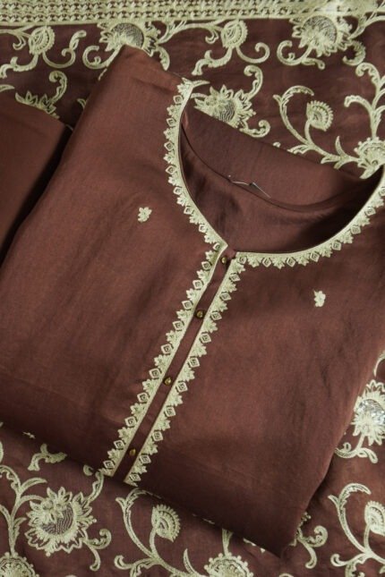 Semi-stitched kurti in deep ruby with delicate embroidery, suitable for festivals, traditional celebrations, and elegant ethnic wear for women.