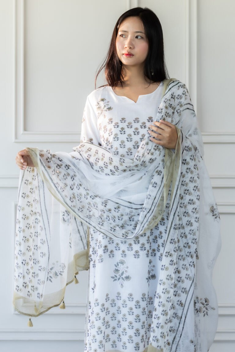 Close-up floral print of Aangan Vibes Kurti Set