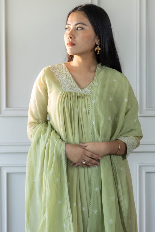 Front view of embroidered kurti with dupatta featuring floral detailing.