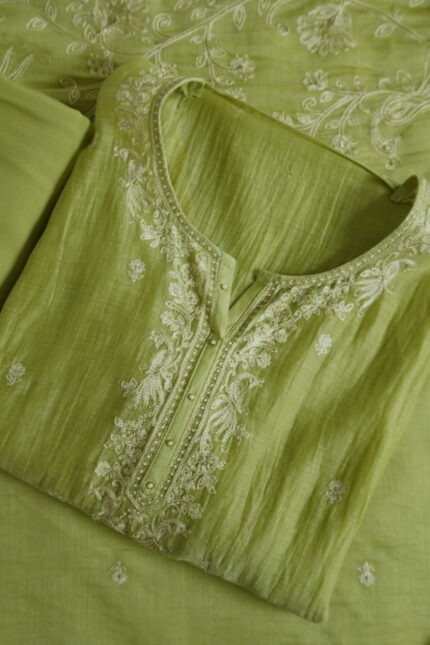 Mint green semi-stitched kurti with intricate chikankari embroidery on the neckline and front, perfect for festivals, casual outings, and special occasions.