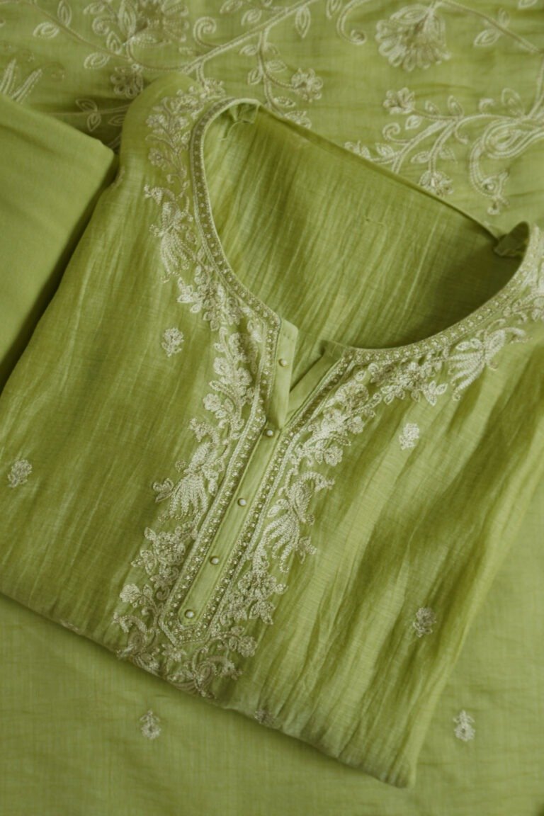 Mint green semi-stitched kurti with intricate chikankari embroidery on the neckline and front, perfect for festivals, casual outings, and special occasions.