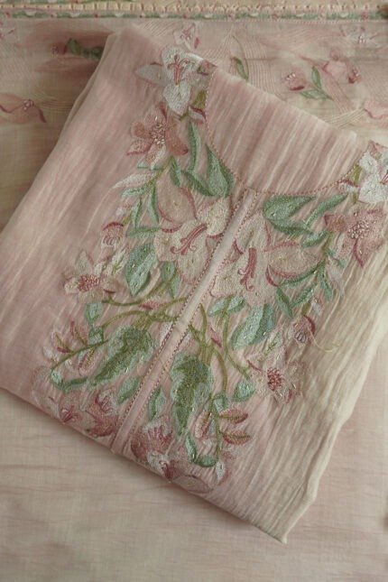 Blush Bloom Pink semi-stitched kurti with floral embroidery on pink fabric