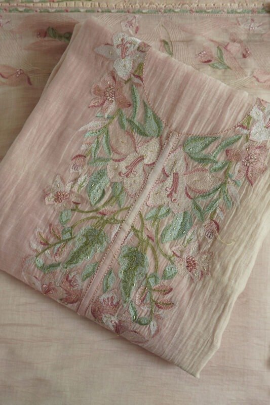 Blush Bloom Pink semi-stitched kurti with floral embroidery on pink fabric