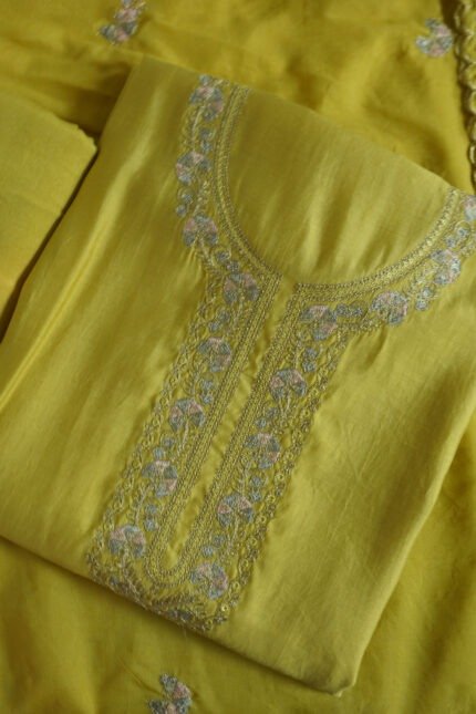 Semi-stitched Zari Zest kurti with detailed zari embroidery on vibrant yellow fabric, ideal for festivals, weddings, and traditional occasions, customizable for a perfect fit.