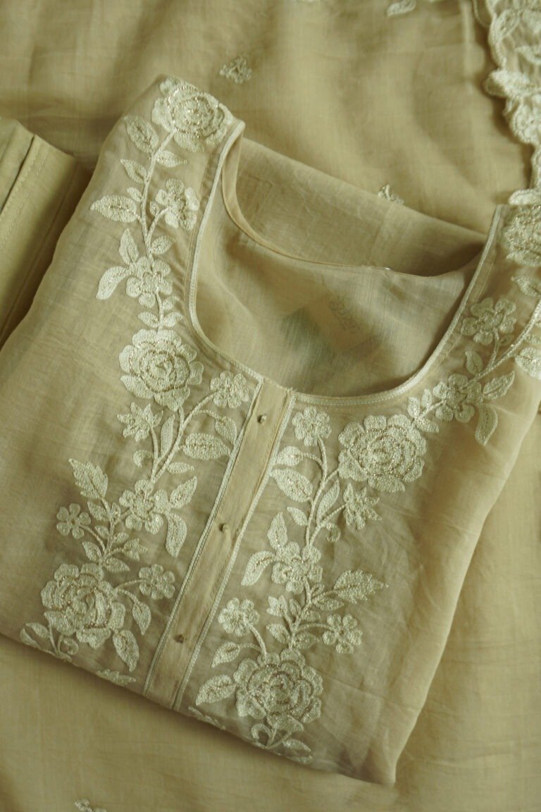 Gulzari semi stitched kurti in beige with intricate floral embroidery design
