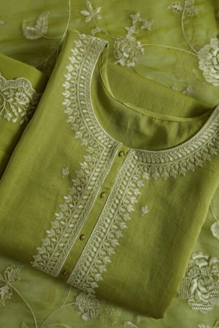 Semi-stitched Sunlit Bloom Chikankari kurti with delicate floral embroidery, suitable for festivals, weddings, and traditional events, crafted from high-quality fabric in a bright, vibrant color.