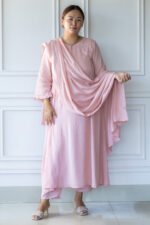 Full-length image of Sharvani kurti with matching dupatta and sandals
