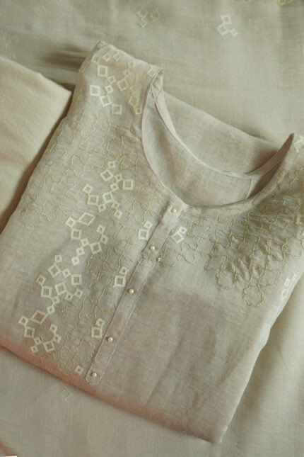 Semi-stitched Whispering Moon kurti with subtle embroidery on a soft, muted fabric, ideal for festivals, casual, and traditional wear, customizable for a perfect fit.