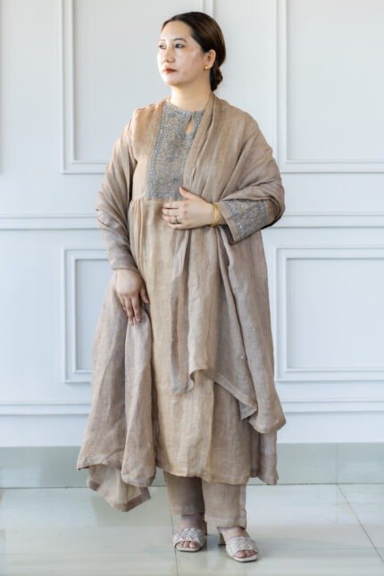 Full-length view of Mrinala kurti with dupatta draped over shoulder