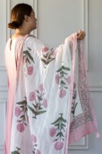 Woman showcasing Yashna pink kurti with white floral printed dupatta – elegant ethnic wear