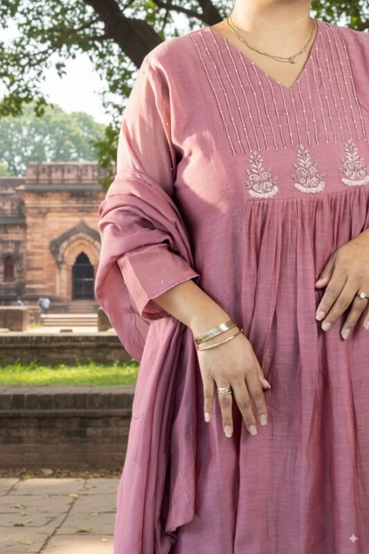 A woman wearing a pink embroidered kurti with dupatta, showcasing elegant Indian ethnic wear, suitable for shopping in Arunachal Pradesh.
