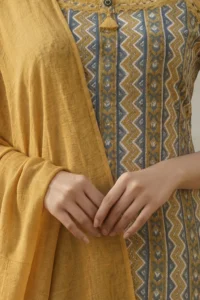 Close-up of a traditional kurta with zigzag and geometric patterns in mustard yellow, blue, and white, featuring lace trim at the neckline and a tassel detail, paired with a mustard yellow dupatta.