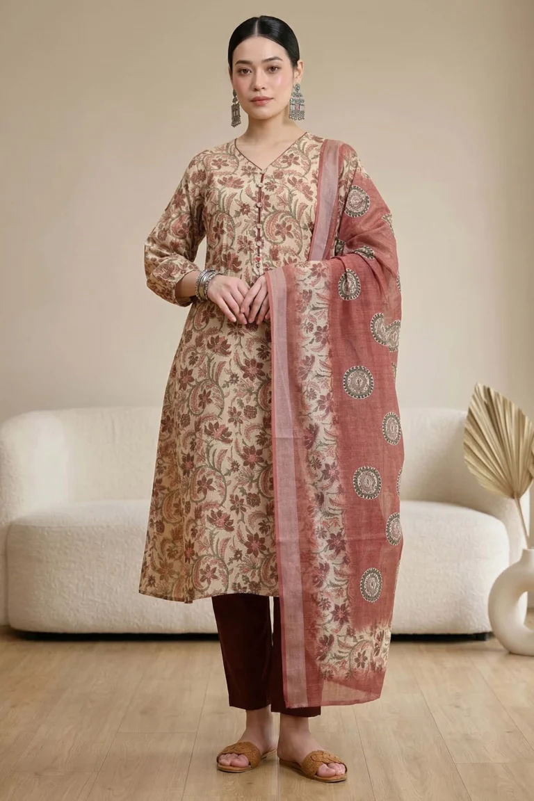 Person wearing a beige kurta with maroon and green floral prints, paired with maroon pants and matching dupatta with circular motifs and floral border, accessorized with silver jewelry.