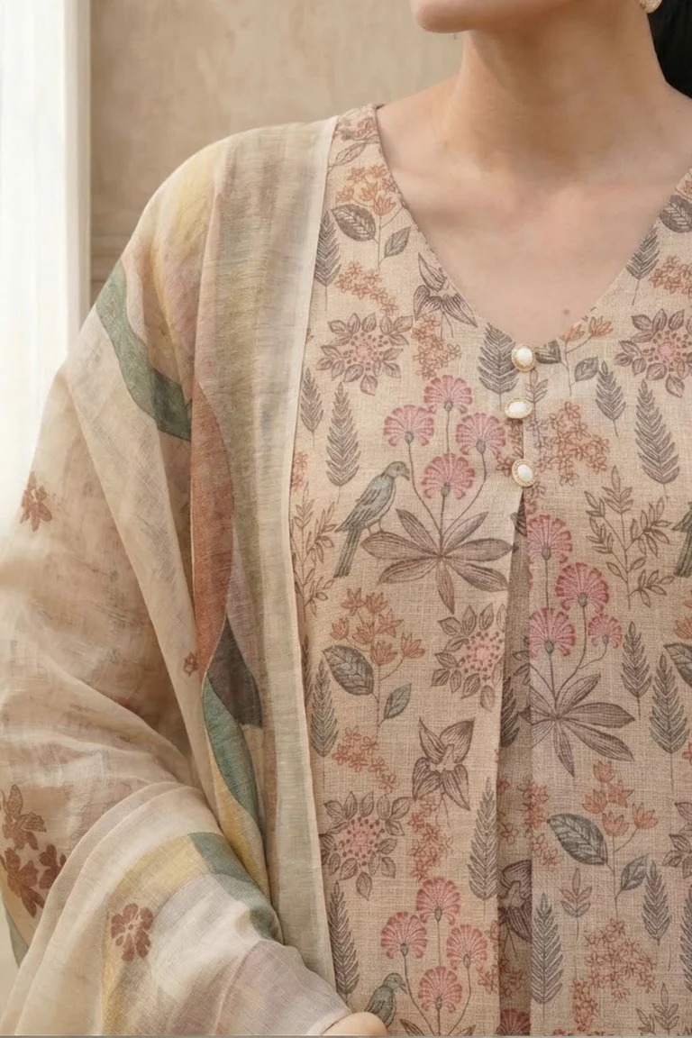 Close-up of a light, sheer kurta with botanical and bird motifs in beige, pink, and green, featuring four pearl-like buttons on the neckline and a striped dupatta draped over the shoulder.