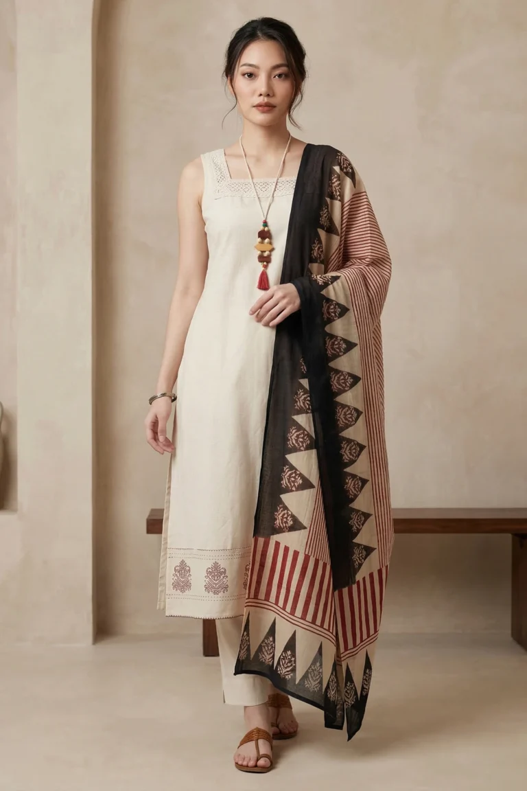 Person wearing a cream kurta with square neckline and embroidery near the hem, styled with matching pants and a printed dupatta in black, maroon, and beige, accessorized with a beaded necklace, bracelet, and brown sandals, standing in a minimalistic indoor setting.