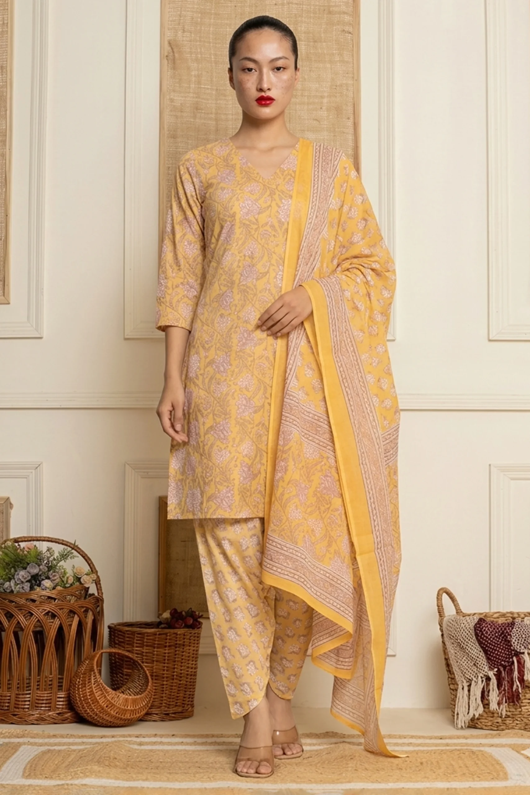 Sunlit Blossom Yellow Floral Printed Kurti Set with Dupatta Model wearing yellow floral printed kurti set with V-neck kurta, matching pants and dupatta