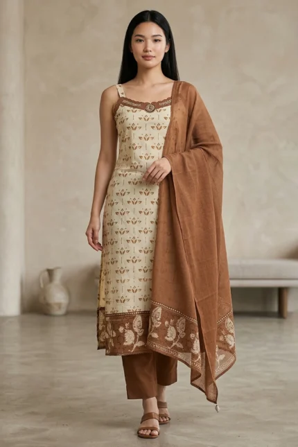 Person wearing a sleeveless cream kurta with brown floral designs, paired with brown pants and a matching dupatta with intricate borders, accessorized with a decorative neckline embellishment, standing in a neutral-toned indoor setting.