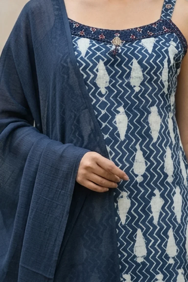 Close-up of a sleeveless blue kurta with white abstract and zigzag patterns, decorative neckline with embroidery and central brooch, paired with a sheer blue dupatta.