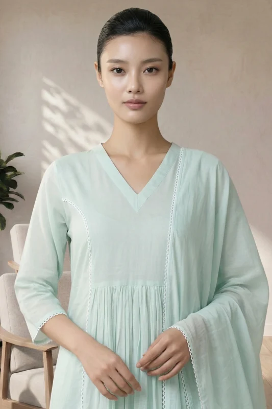 A medium shot of a woman wearing the Nysa Weaves V Neck kurti in seafoam green, showcasing the clean V-shaped neckline and vertical white lace inserts on the bodice.