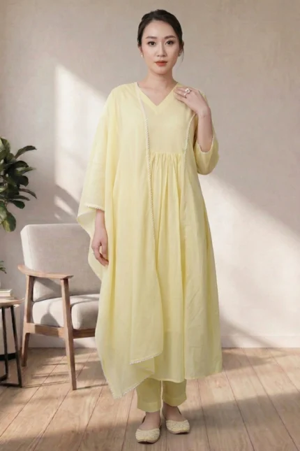 Full studio shot of a model wearing the Canvas Kurti V Neck yellow set, featuring a gathered waist kurta, straight-fit trousers, and a matching lace-bordered dupatta.