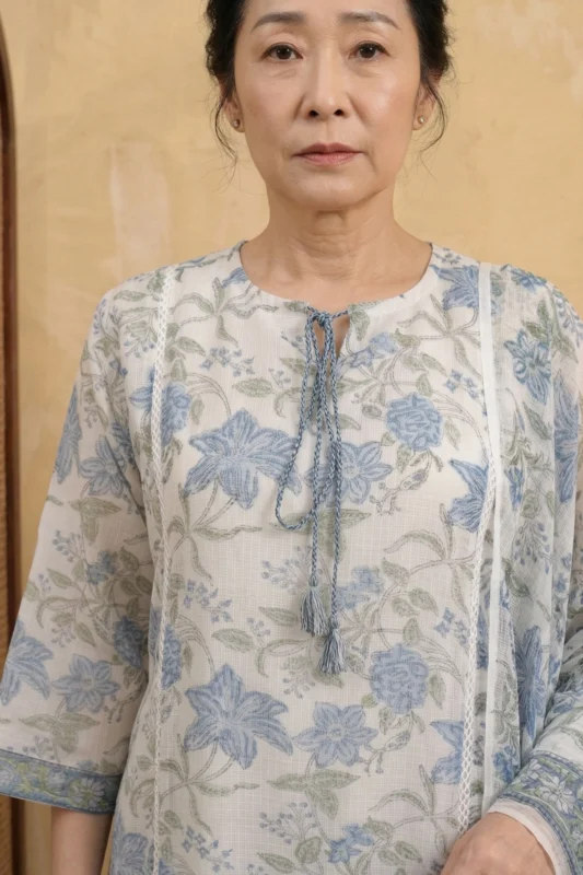 Detailed view of the Urban Utopia kurta neckline. The white Kota Doria fabric shows its characteristic square-check weave, adorned with blue floral patterns. The round neckline features a keyhole opening secured by blue braided tassels. Vertical white lace inserts add a refined structural detail to the bodice.